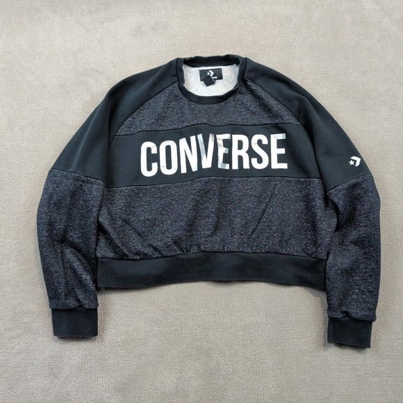 Converse Sweatshirt Size M Womens Black Glitter Metallic Logo Cropped Pullover — photo 2
